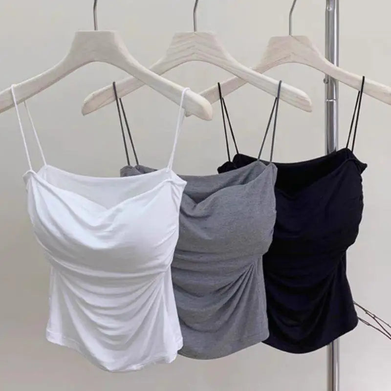 Y2K Sexy Tank Tops Women Spaghetti Strap Crop Top With Bra Bodycon Sleeveless Cami Tube Top Basic Camisole Tees Korean Clothes
