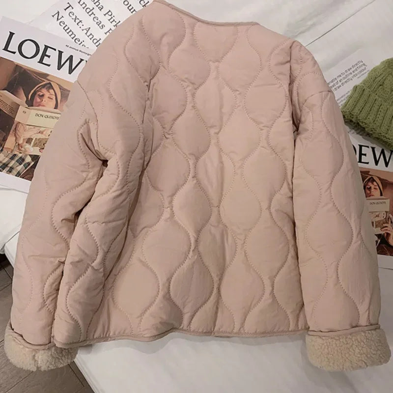 Korean version of pink lambswool cotton-padded clothes women's winter new thick round neck lambswool coat cotton-padded jacket