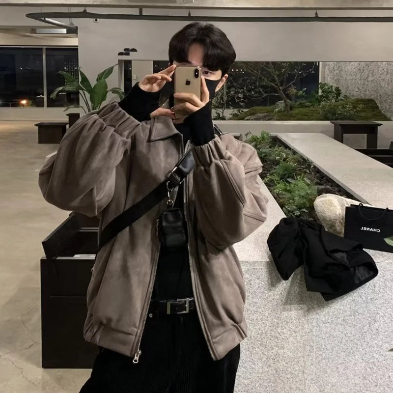 Men's Jacket Suede Vintage High Street Lightweight Jacket Long Sleve Outerwear Spring Autumn Fashion Streetwear Coat Man Clothes