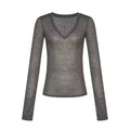 NUOMICI Sexy Gray Long-sleeve T-shirt Women V-neck Slightly Transparent Slim Fit Black Women's Top Korean Popular Clothes Chic