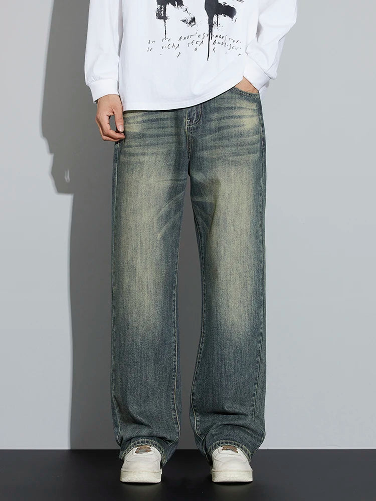 Cotton Baggy Men Wide Leg Jeans Retro Loose Streetwear Fashion Korean Straight Washed Denim Trousers High Quality Brand Clothes