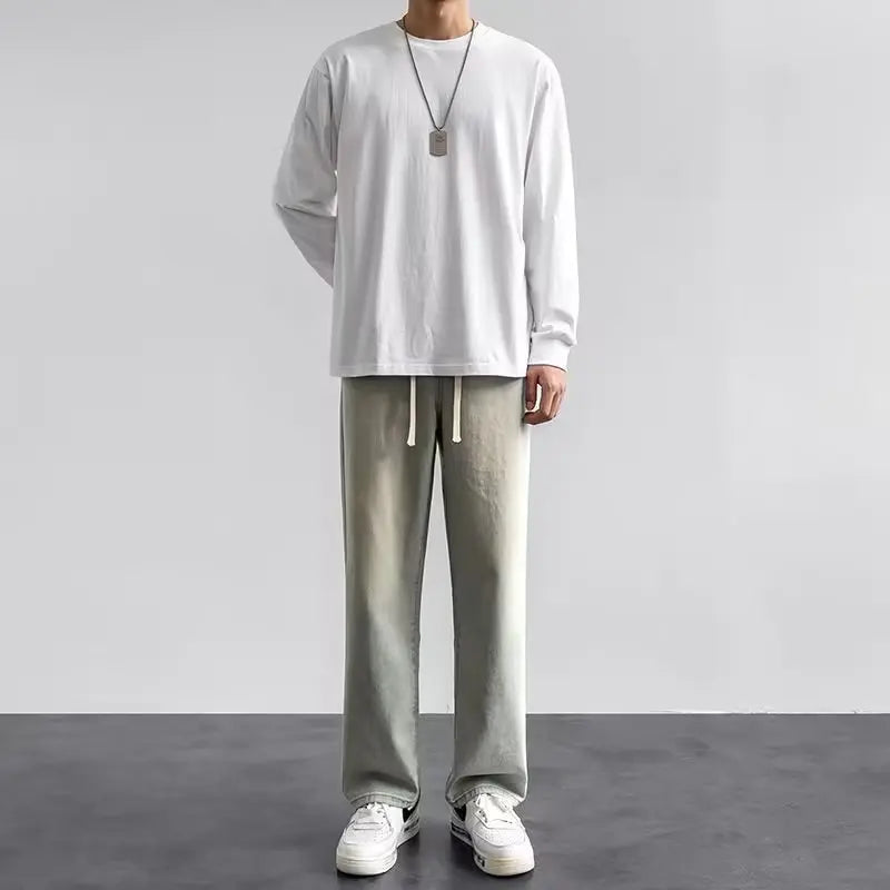 Korean casual solid color versatile men's classic long pants all season straight leg denim wide leg pants light blue gray black