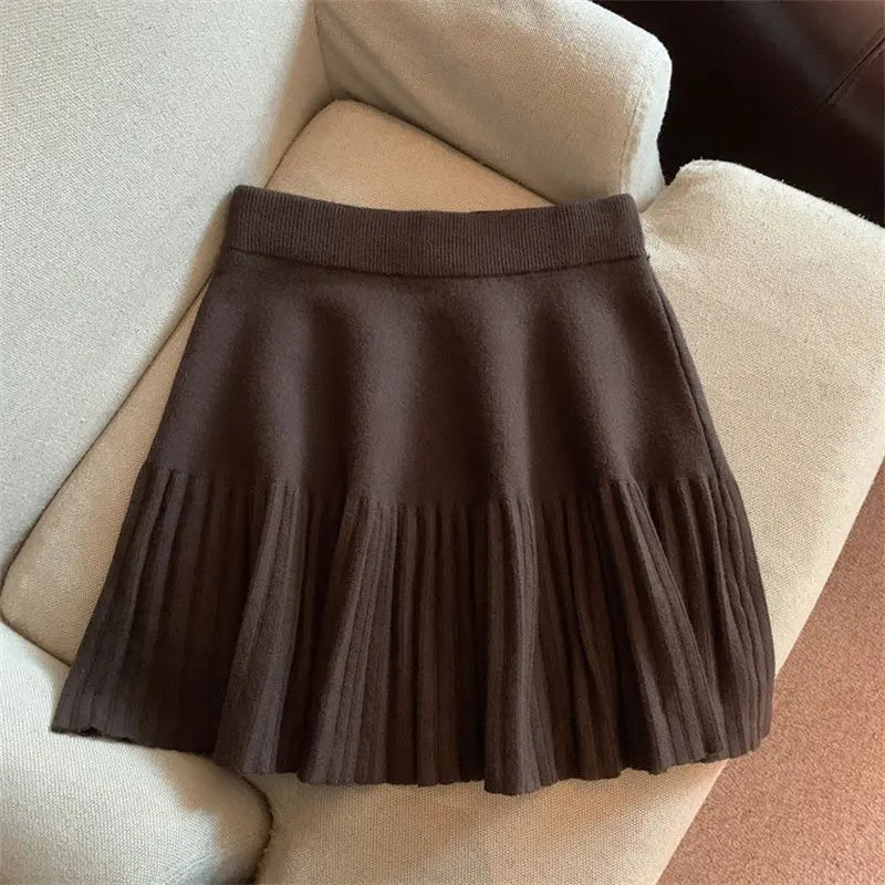 Pleated Mini Skirts Korean Sweet Knitted Skirts Sweet Elastic Waist Ladies Casual Youthful For Women's Clothes Solid Fashion New