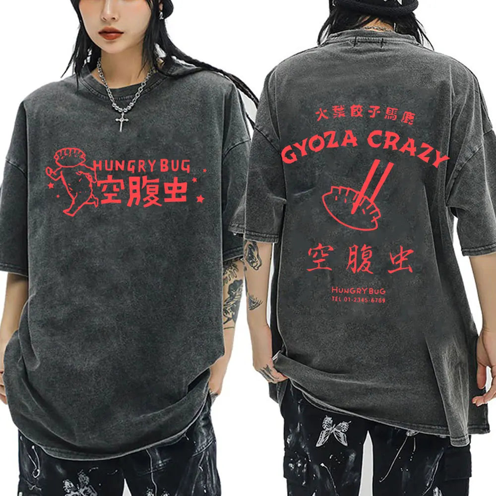 Japanese Anime Dorohedoro Kaiman Vintage Washed T-shirt Men Women Cool Manga Graphic T-shirts Gothic Horror Tee Shirt Oversized