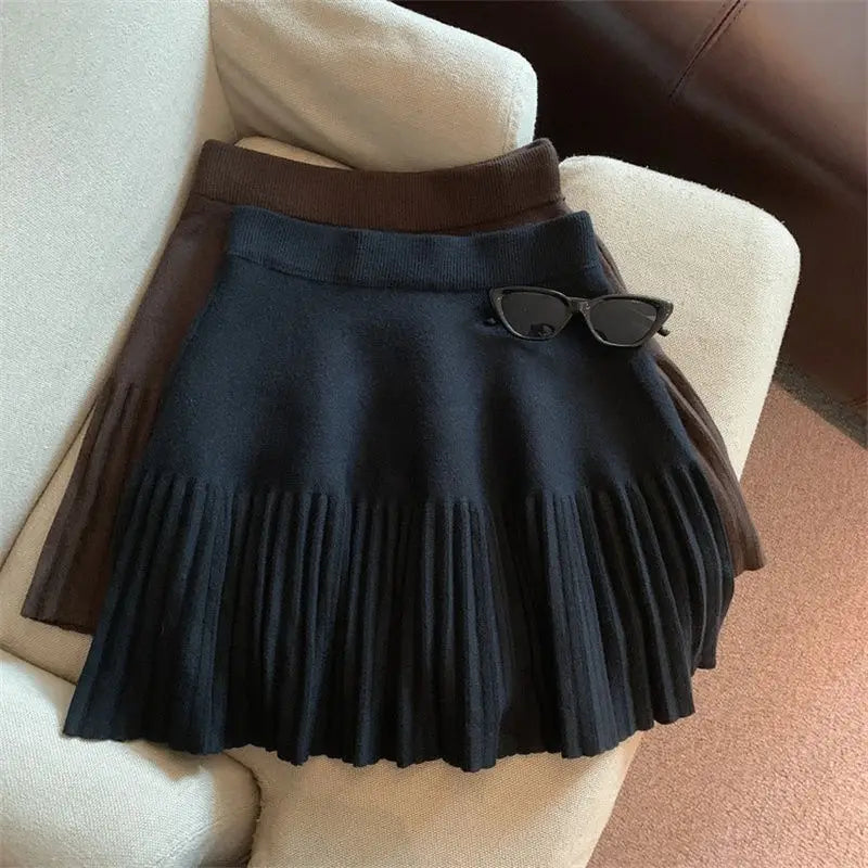 Pleated Mini Skirts Korean Sweet Knitted Skirts Sweet Elastic Waist Ladies Casual Youthful For Women's Clothes Solid Fashion New