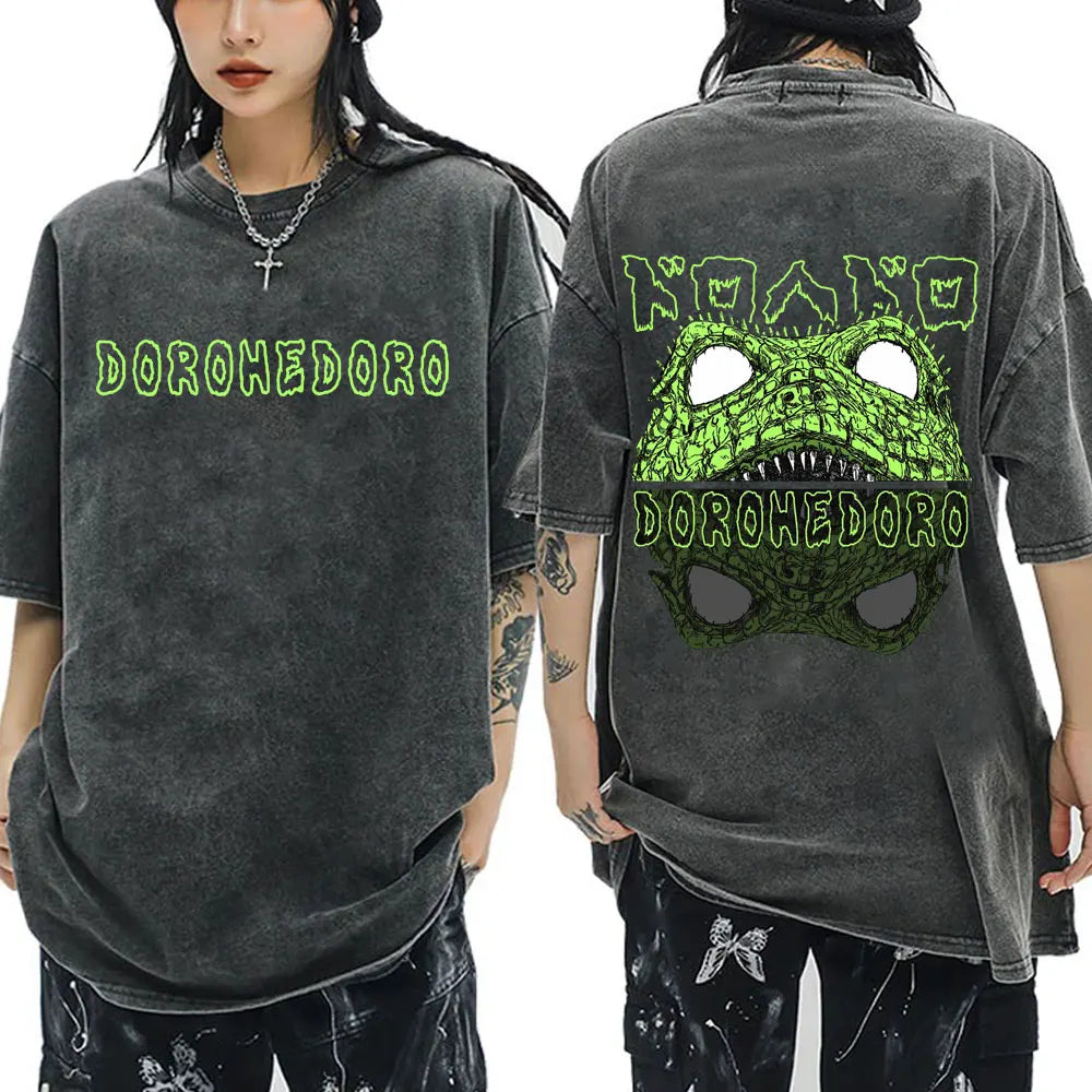 Japanese Anime Dorohedoro Kaiman Vintage Washed T-shirt Men Women Cool Manga Graphic T-shirts Gothic Horror Tee Shirt Oversized