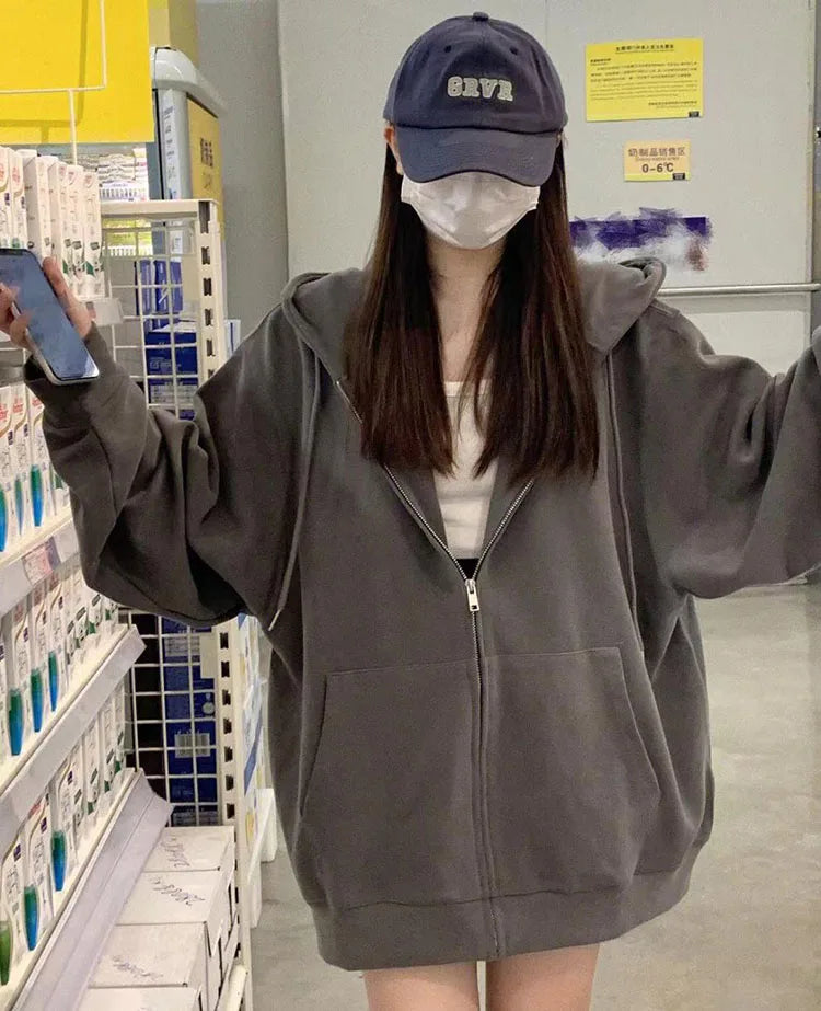 Oversize Women's Sweatshirts Autumn Casual Korean Long Sleeve Hooded Zip-up Y2k Hoodies Streetwear Harajuku Female Clothes Black