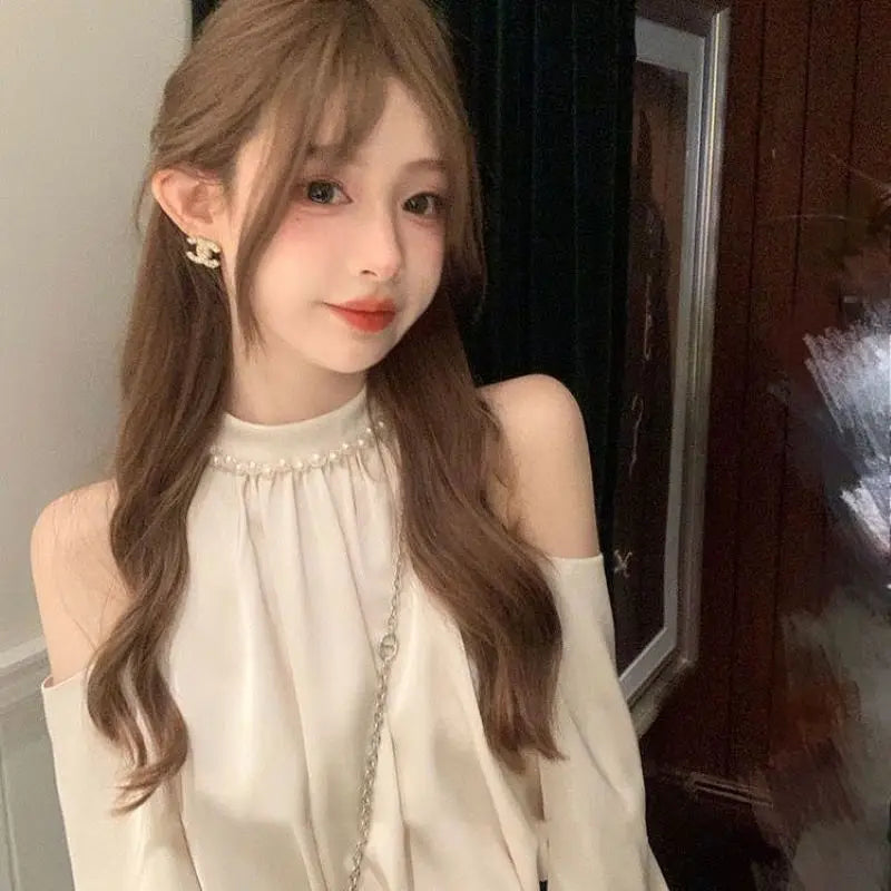 Áo kiểu nữ mùa xuân ngọt ngào, cổ tròn, tay dài, trễ vai, kiểu dáng thanh lịch, thời trang Hàn Quốc. 