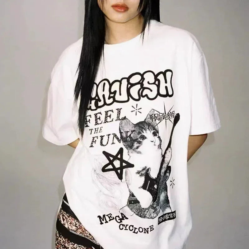 American Cat Rock Guitar Graphic Short Sleeve T-Shirt Loose Korean Fashion Oversized Women's Summer Clothes Y2k Streetwear