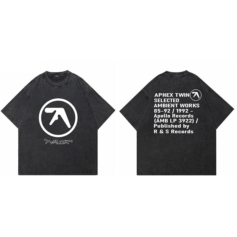 Men T-Shirt Aphex Twin Washed Black Print Cotton Graphic Oversized Korean Fashion Short Sleeve Tops Tees Y2k Streetwear Clothing