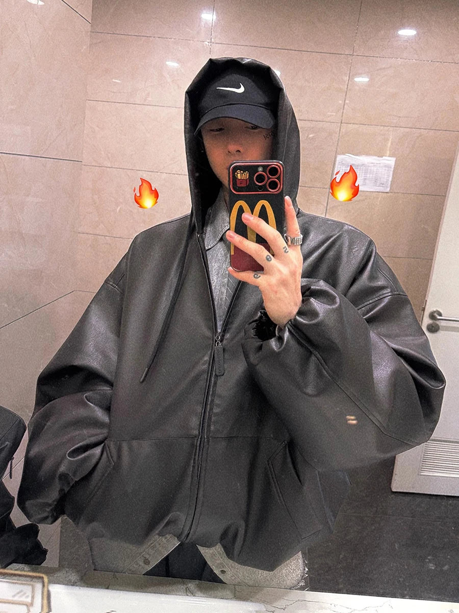 Mauroicardi Spring Autumn Short Oversized Black Soft Pu Leather Jacket Men with Hood Zipper Loose Casual Korean Fashion Clothes