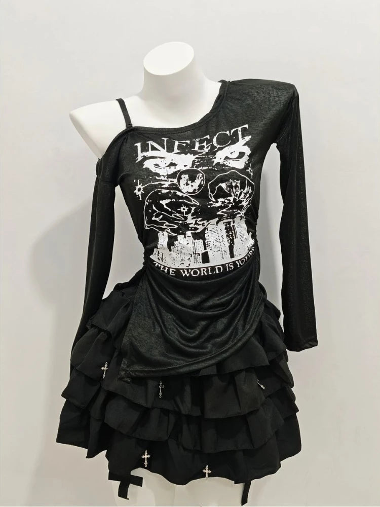 2000s Aesthetic Sweet Retro Women Clothes 2 Piece Set Chic Off Shoulder Tops + Black Fluffy Skirt Korean Popular Outfits Summer