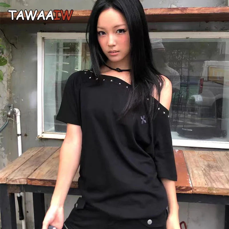 Tawaaiw American Retro T Shirt Women Clothes Short Sleeve Korean Fashion Off Shoulder 2000s Clothes Y2k Tees Female Clothing