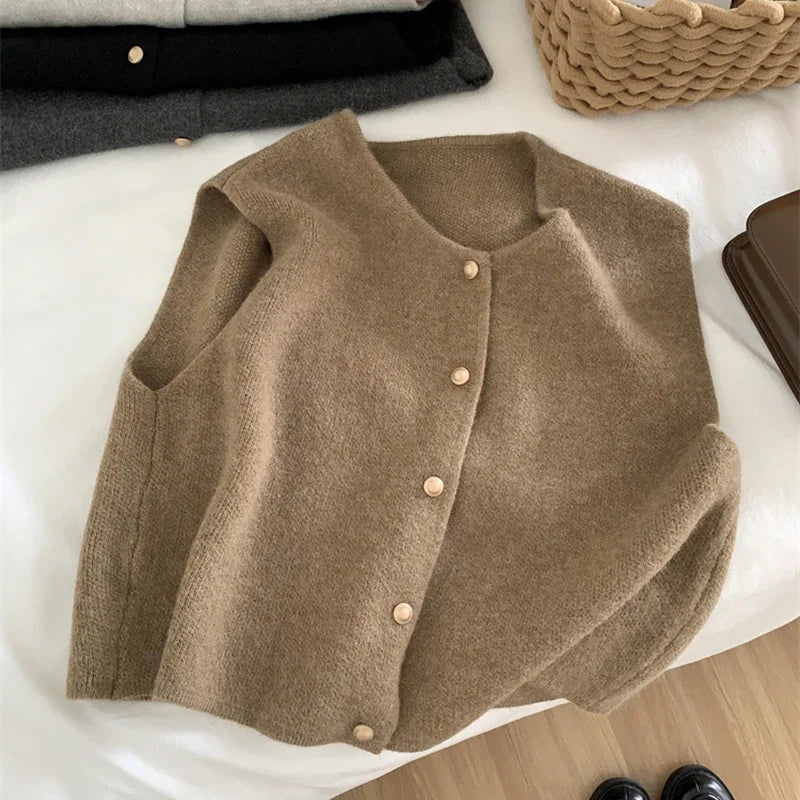 Women Sweater Vest Gold Button Up Waistcoat Soft Knitted Sleeveless Cardigan Jacket Top Fall Winter Korean Ladies Chic Outfit