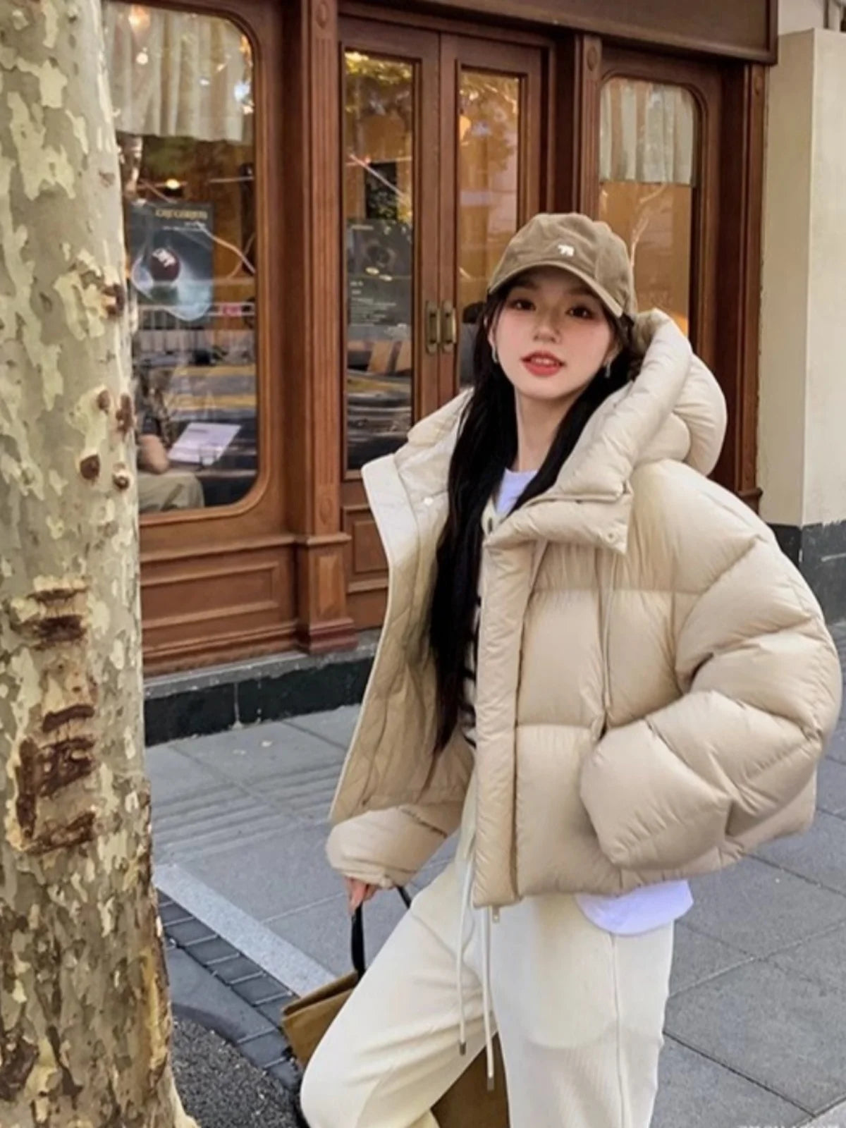 Faionable ort Cotton Jaet Women's Winter Clothes Sli American Bread Sle Coat with Hood Korean Version Loose Fit