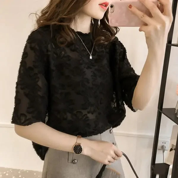 Elegant Women Blouse Fashion Lace Summer Half Sleeve Clothes Korean Style Ins Fairy Comfortable Leisure Party Feminine Tender