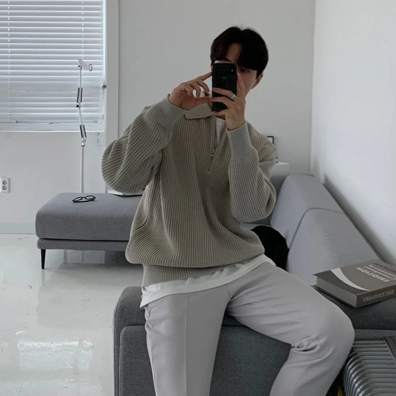 Winter Lapel Sweater Men Warm Fashion Casual Knit Pullover Men Korean Loose Zipper Long Sleeve Sweater Mens Jumper Clothes
