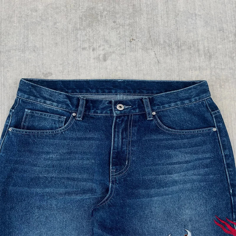 Dragon Graffiti Embroidery Dark Blue Loose Wide Leg Distressed Jeans Y2K High Waist Men Women Vintage Casual Daily Streetwear