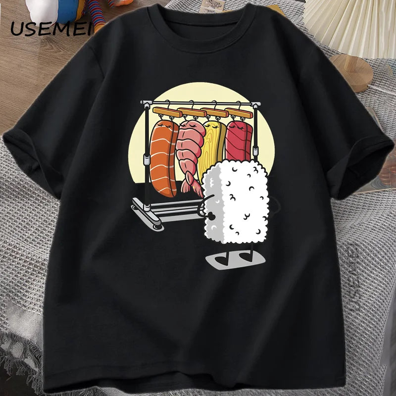 Áo thun Sushi Wardrobe dành cho nữ và nam, áo thun in hình ngộ nghĩnh chất lượng cao, chất liệu cotton, dáng rộng, tay ngắn, in họa tiết, áo nam. 