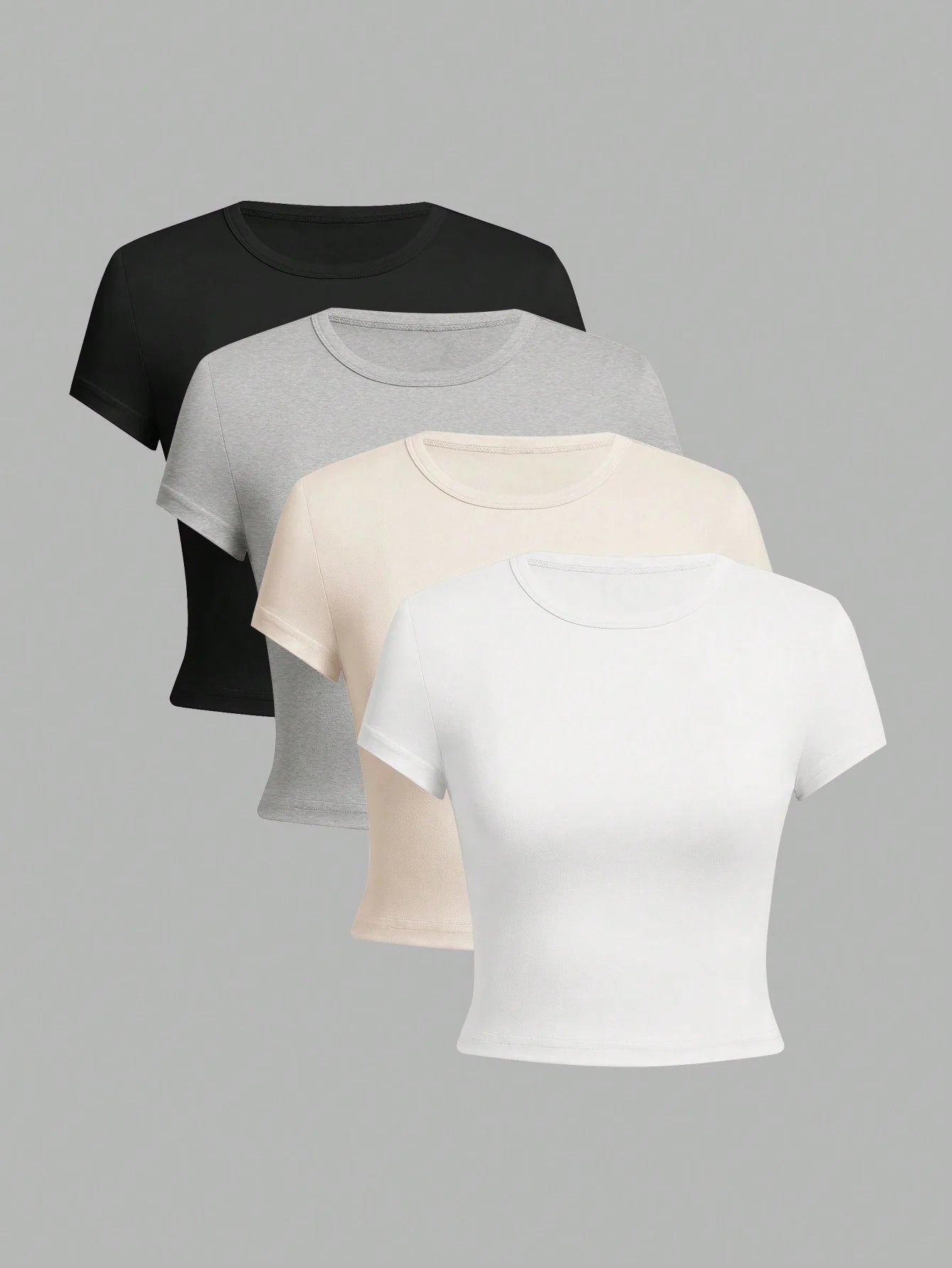 4 pieces Solid color basic short sleeved tight fitting T-shirt for women's casual summer minimalist women's style top O-neck