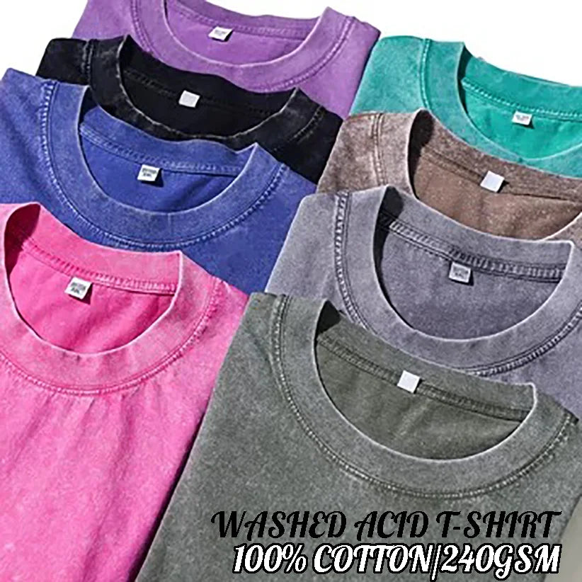 240G High Quality Men T-Shirts Oversized Korean Y2k Short Sleeve Washed T Street Retro Vintage Solid Cotton Hip Hop Punk Clothes