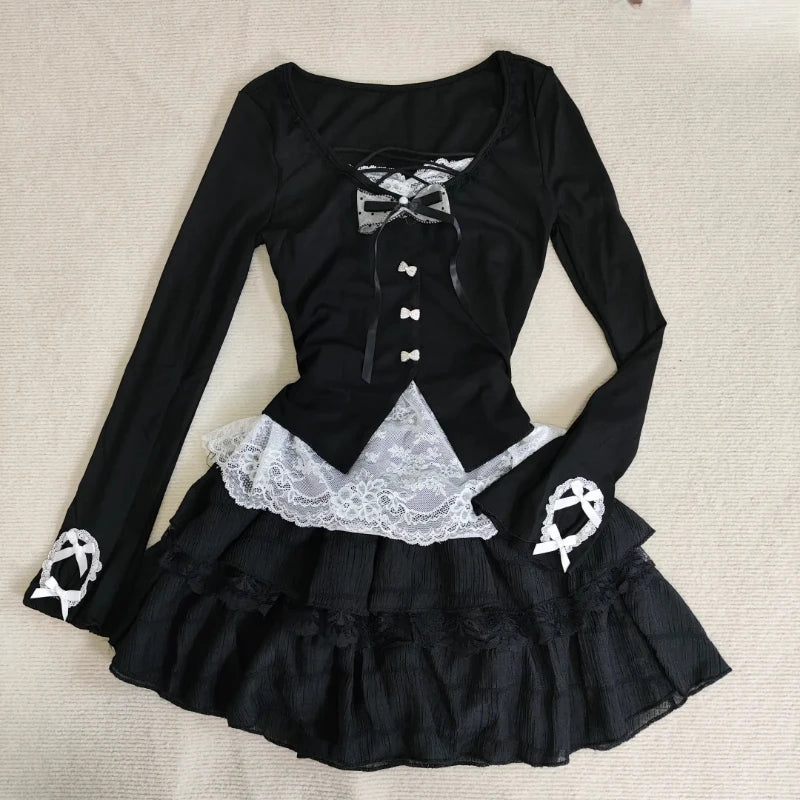 New Autumn Vintage Fashion Long Sleeve 2 Piece Set Woman Sexy Bow Lace Y2k Tops +Mini Skirt Harajuku Slim Korean Popular Clothes