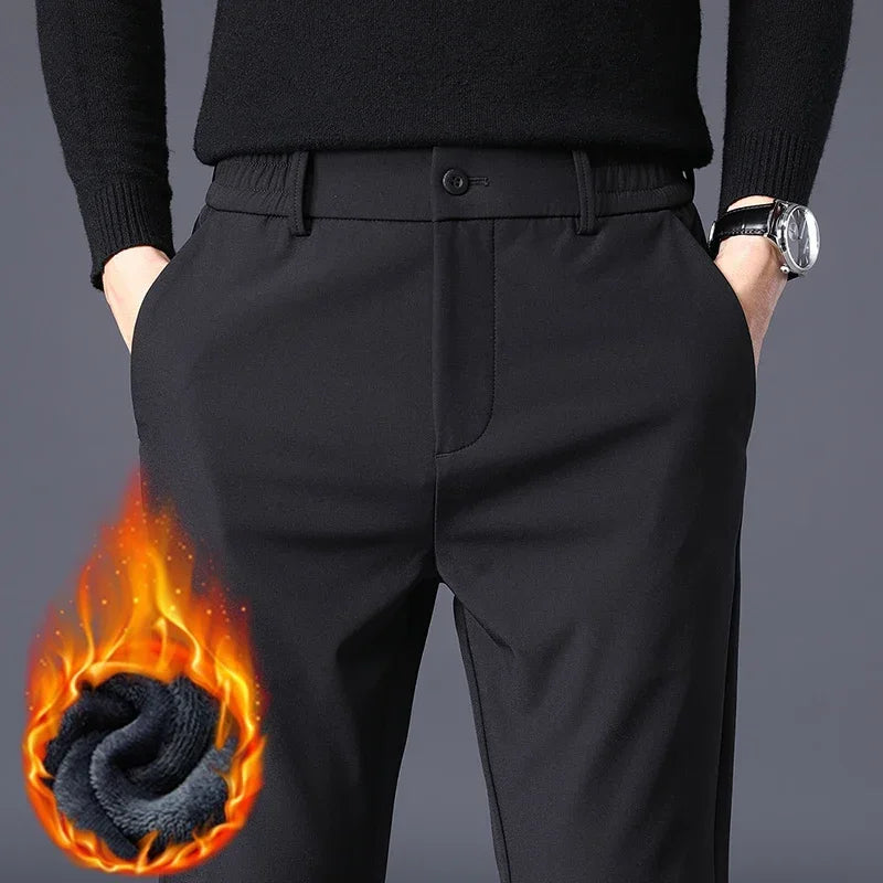 Winter Warm Fleece Men's Business Casual Pants Stretch Slim Fashion Korean Thermal Trousers Classic Simple Male Plush Clothes