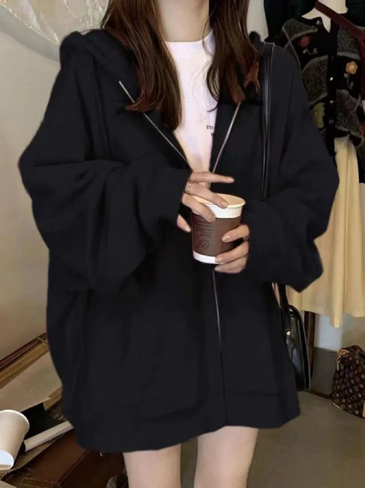 Oversize Women's Sweatshirts Autumn Casual Korean Long Sleeve Hooded Zip-up Y2k Hoodies Streetwear Harajuku Female Clothes Black