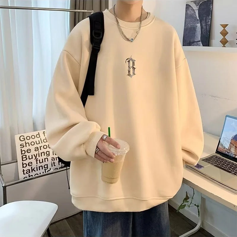 M-8XL Autumn Men Pullover Hoodie Oversized Sweatshirt Korean Fashion Loose Letter Print Long Sleeve Plus Velvet Couple Clothes