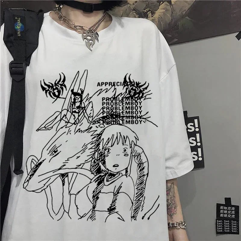 Women's T-shirt Harajuku Y2K Top Oversized T Shirt Retro Korean Style Black Demon Punk Gothic Anime Print Clothes Streetwear