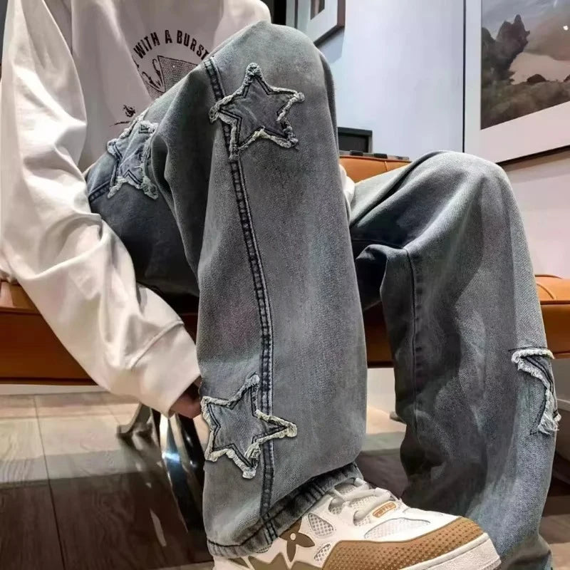 Quần jeans nam họa tiết ngôi sao phối nhiều mảnh, kiểu dáng thời trang mới Y2K, có tua rua, phong cách Hàn Quốc, ống thẳng, hip hop, phối màu, thời trang đường phố nam. 