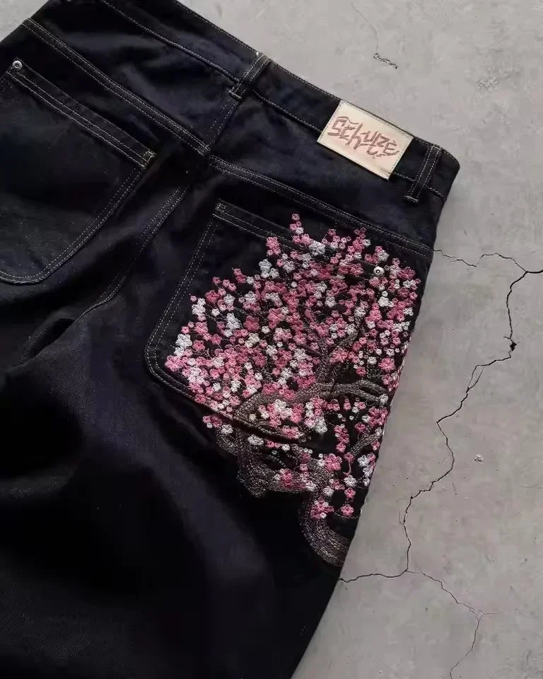 Hip Hop Cherry Blossom Embroidered Jeans Vintage Low Waist Wide Leg Trousers Y2K Clothes Mens Womes Embroidered Baggy Jeans