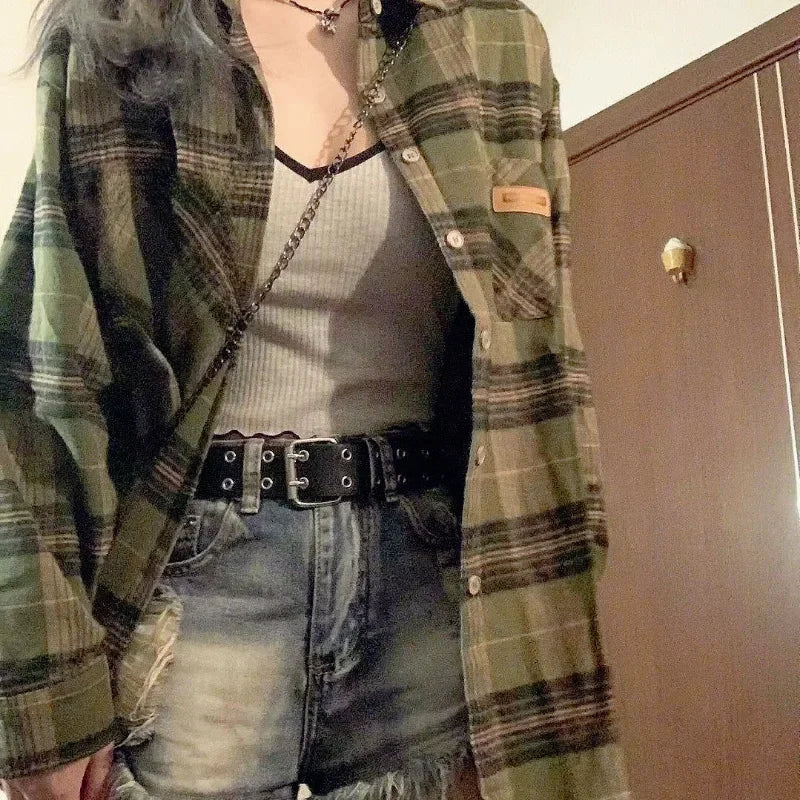 Deeptown Harajuku Green Plaid Shirt Streetwear Women Vintage Long Sleeve Oversize Blouse Korean Fashion Aesthetic Clothes Female