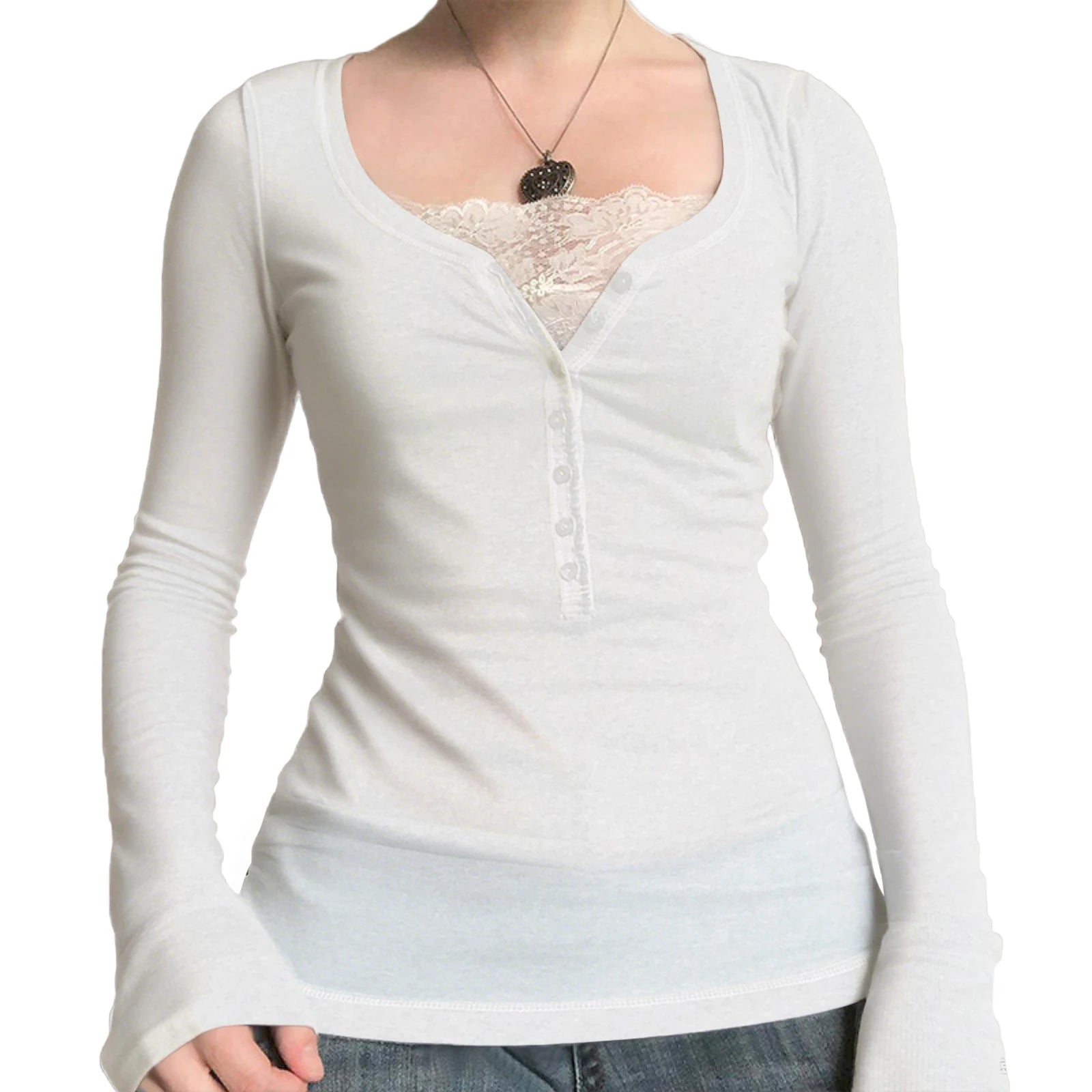 Vintage Lace Patchwork Cute Cotton Tshirts Women Korean Fashion Button Fairy Grunge Y2K Clothes Casual Spring Autumn Retro Tops