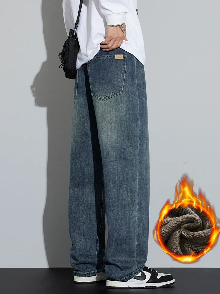 Korean Wide Legs Fleece Jeans Men's Winter Warm Thickened Velvet Loose Straight Casual Denim Pants Korean Fashion Trousers