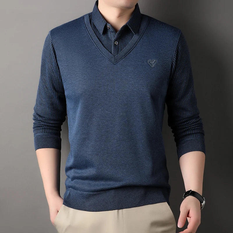 New Autumn Men's Polo Collar Shirts Fashion Knitting Pullovers Striped Thick Polo Shirts Slim Fit Korean Mens Top Clothes