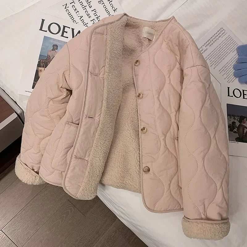 Korean version of pink lambswool cotton-padded clothes women's winter new thick round neck lambswool coat cotton-padded jacket