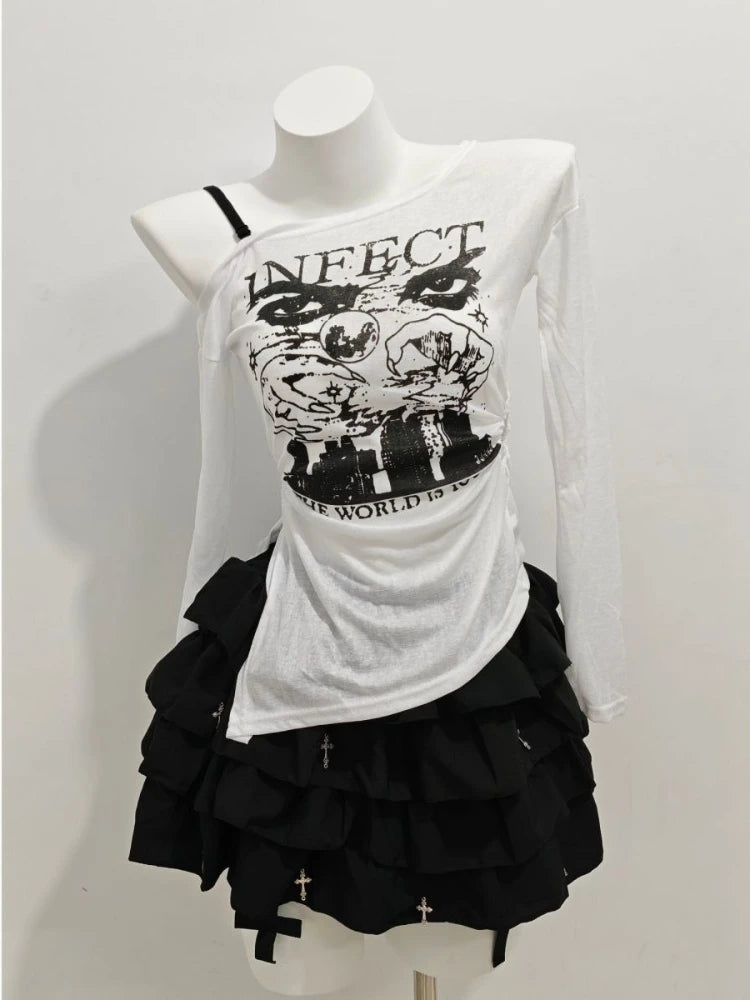 2000s Aesthetic Sweet Retro Women Clothes 2 Piece Set Chic Off Shoulder Tops + Black Fluffy Skirt Korean Popular Outfits Summer