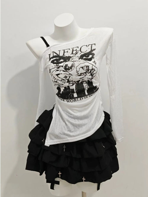 2000s Aesthetic Sweet Retro Women Clothes 2 Piece Set Chic Off Shoulder Tops + Black Fluffy Skirt Korean Popular Outfits Summer