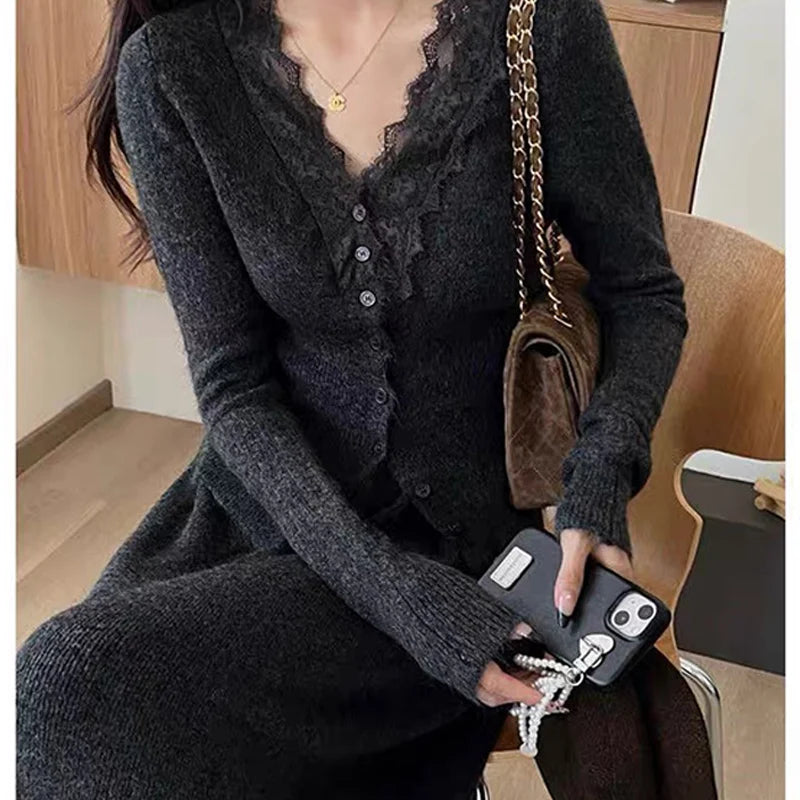 Korean Lace Long-sleeved Knitted Top Cardigan Casual Autumn Fashion French Elegant Tops Skirts Two-piece Suit Women's Clothes