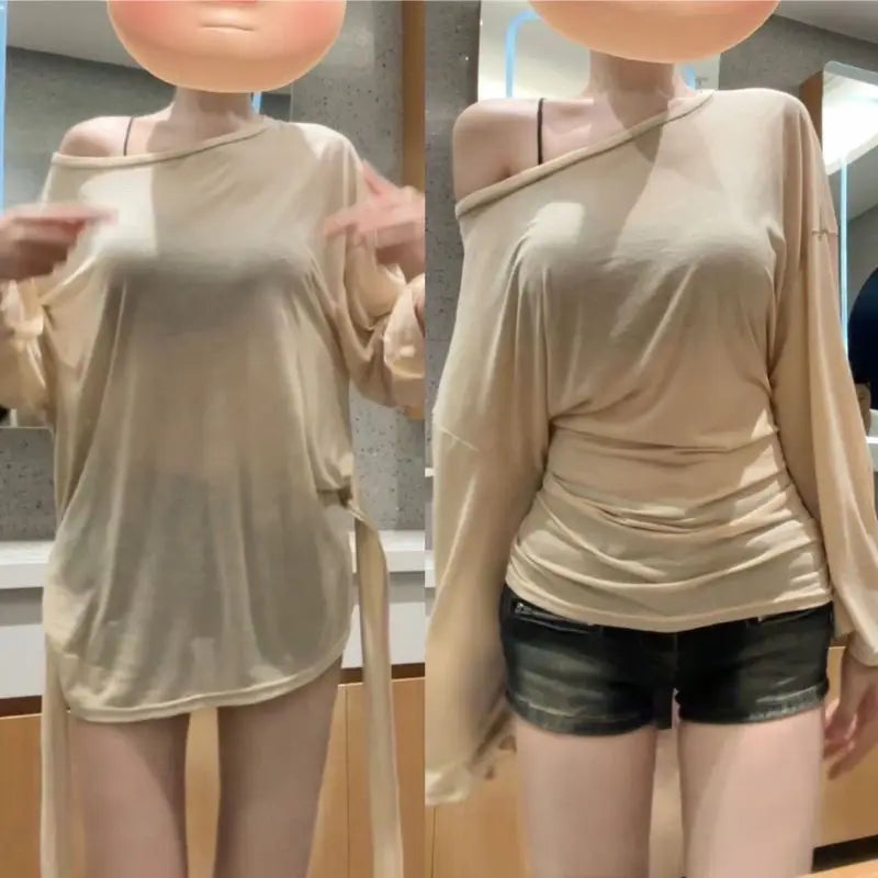 Sexy Thin See Through Long sleeve Oversize T shirt Women Bandage Off shoulder Top Female Basic Long Tees Korean Chic Lady New