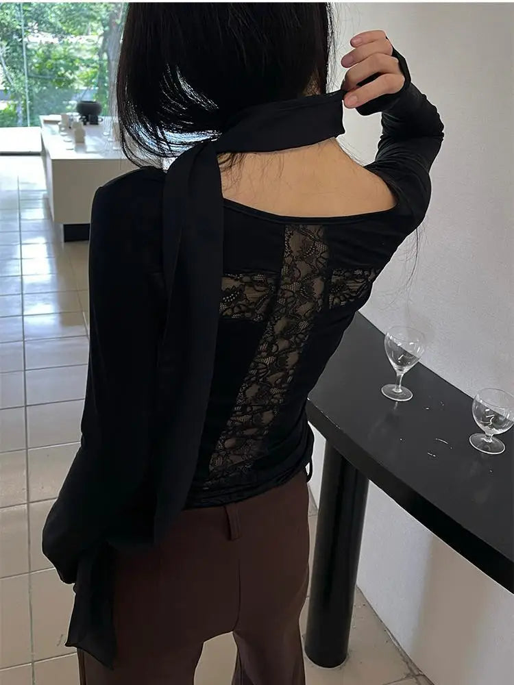 Yedinas Back Cross Hollow Out T-shirt Woman Clothes Long Sleeve Korean Fashion Autumn Tops Slim Tees Female Clothing Y2k T Shirt