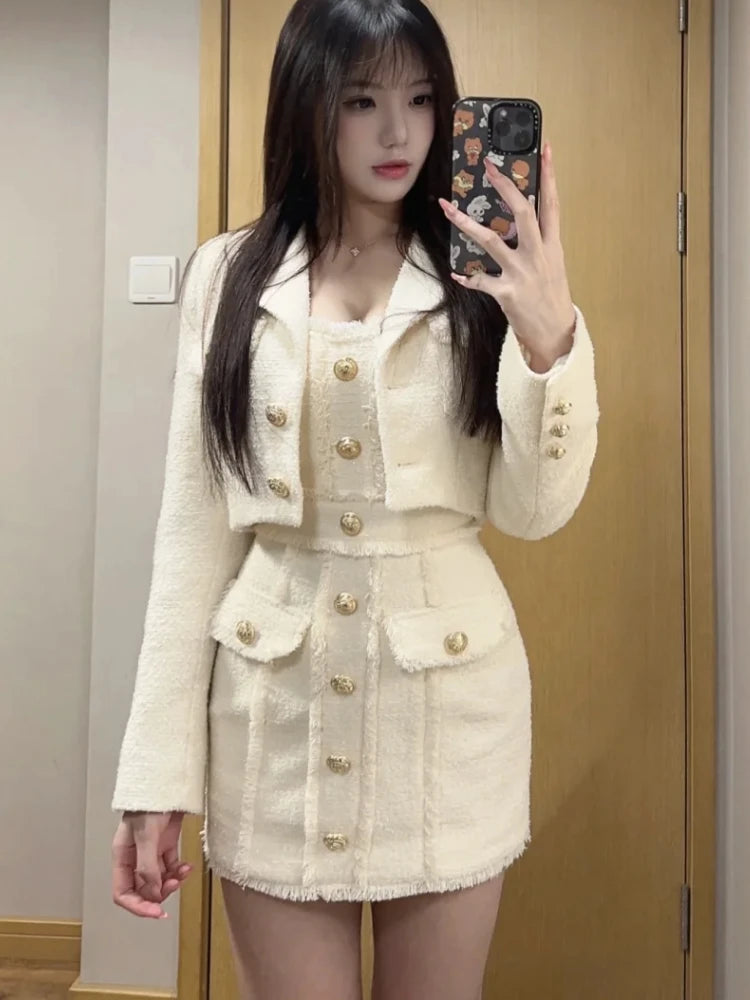 Autumn French Vintage Elegant Woman 2 Piece Set Tassel Design Coat+ High Waist Casual Dress Female Chic Korean Popular Clothes