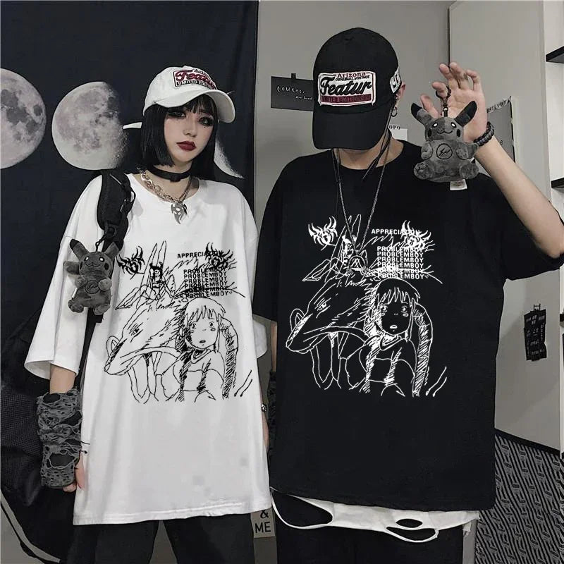 Women's T-shirt Harajuku Y2K Top Oversized T Shirt Retro Korean Style Black Demon Punk Gothic Anime Print Clothes Streetwear