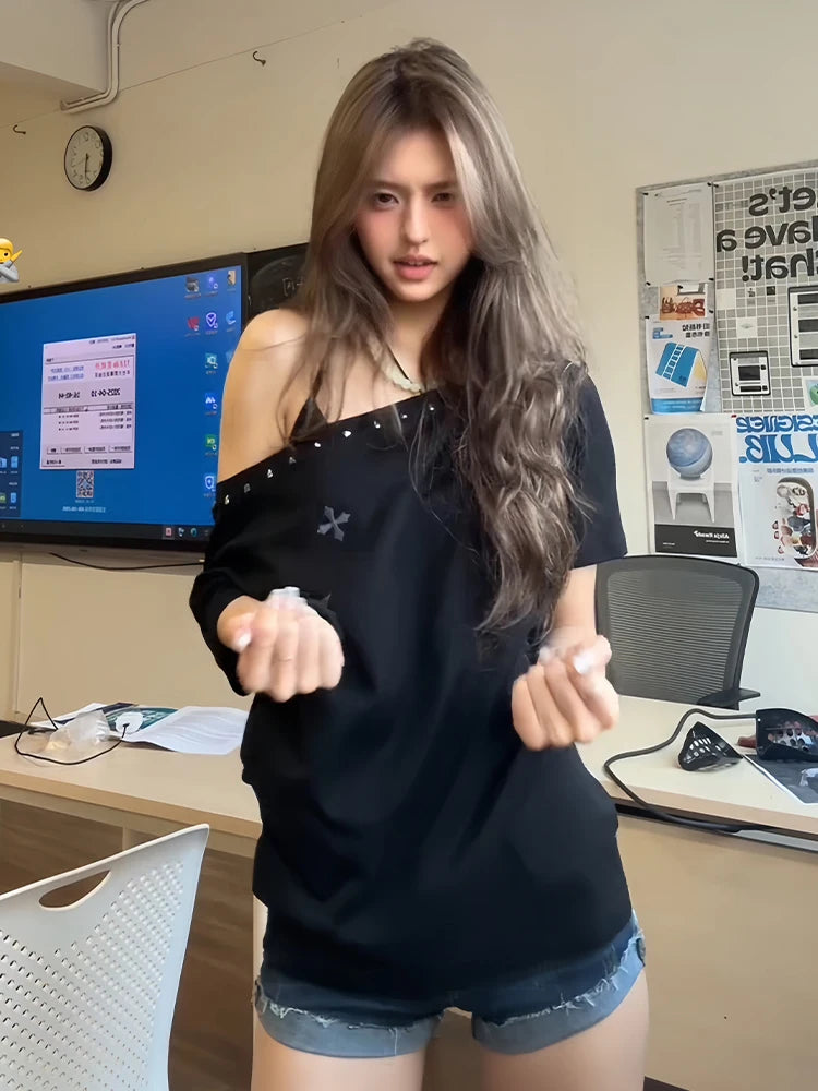 Áo thun nữ Tawaaiw phong cách retro Mỹ, tay ngắn, kiểu Hàn Quốc, hở vai, thập niên 2000, áo thun Y2K. 