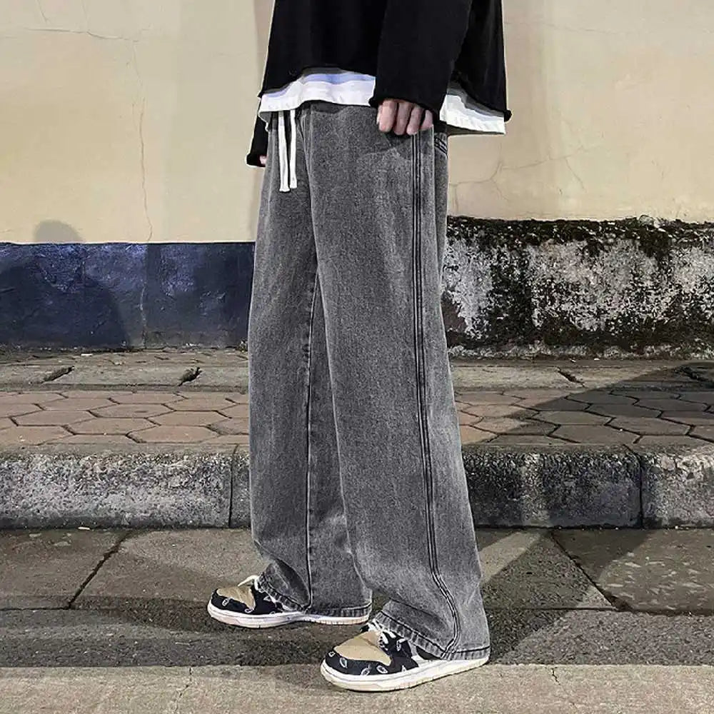 Fashion Men's Solid Color Drape Jeans Loose Straight Korean Vintage High Street Hip-hop Y2K Casual Daily Dragging Wide-leg Pants