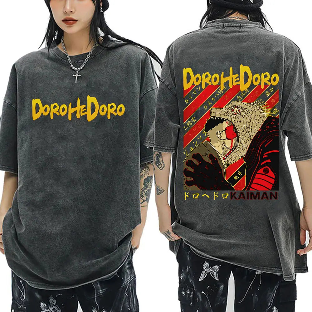 Japanese Anime Dorohedoro Kaiman Vintage Washed T-shirt Men Women Cool Manga Graphic T-shirts Gothic Horror Tee Shirt Oversized