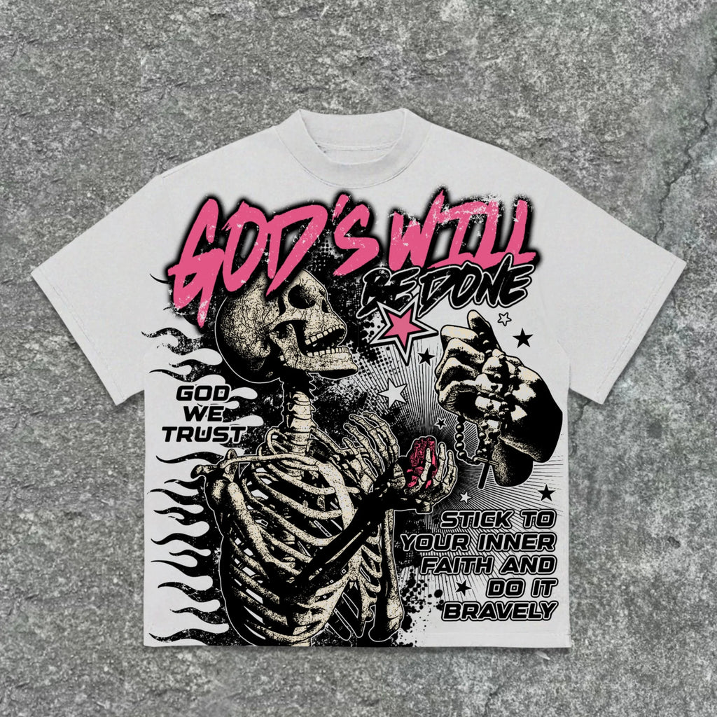 American Retro God's Will Skull Retro Pattern Cotton T-shirt Printed Graphic Men and Women Y2K Oversized T-shirt Street Wear