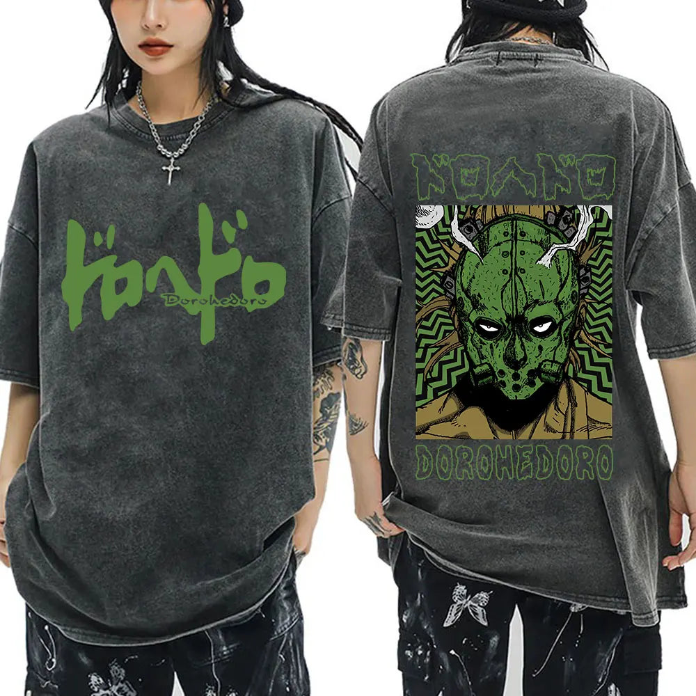 Japanese Anime Dorohedoro Kaiman Vintage Washed T-shirt Men Women Cool Manga Graphic T-shirts Gothic Horror Tee Shirt Oversized