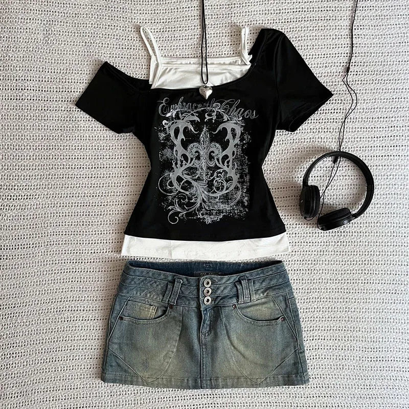 Women's 90s Vintage Punk T-Shirt Summer Streetwear Sexy Short Sleeve Gothic Slim Crop Top Hotgirl Casual Femme Tee Harajuku Y2k